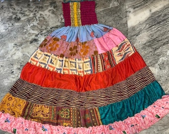 Handmade Recycled Silk Patchwork Skirt: Layered Boho Maxi