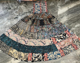 Handmade Recycled Silk Patchwork Maxi Skirt: Bohemian Festival Style