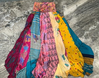 Handmade Boho Silk Patchwork Dress: Smocked Festival Skirt