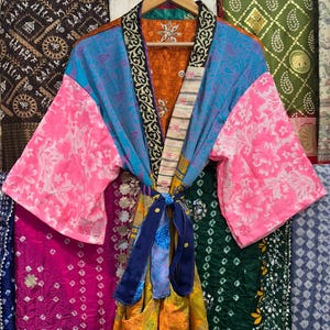 Handmade Recycled Silk Patchwork Kimono Robe: Boho Beach Cover Up image 3