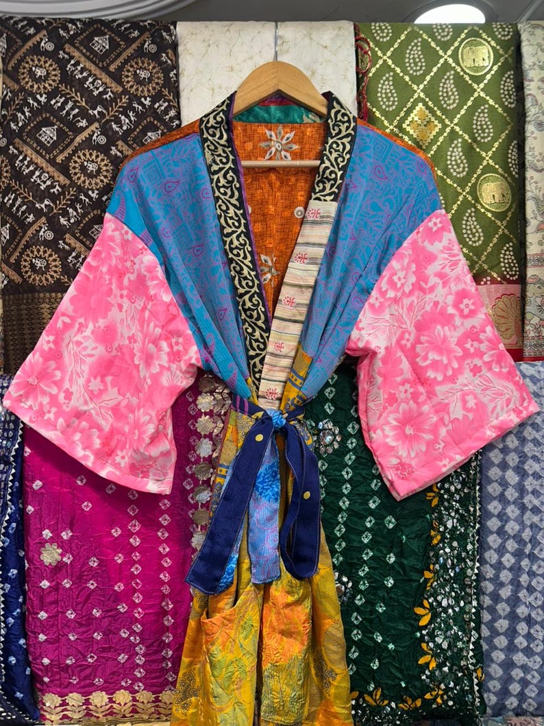 Handmade Recycled Silk Patchwork Kimono Robe: Boho Beach Cover Up image 3