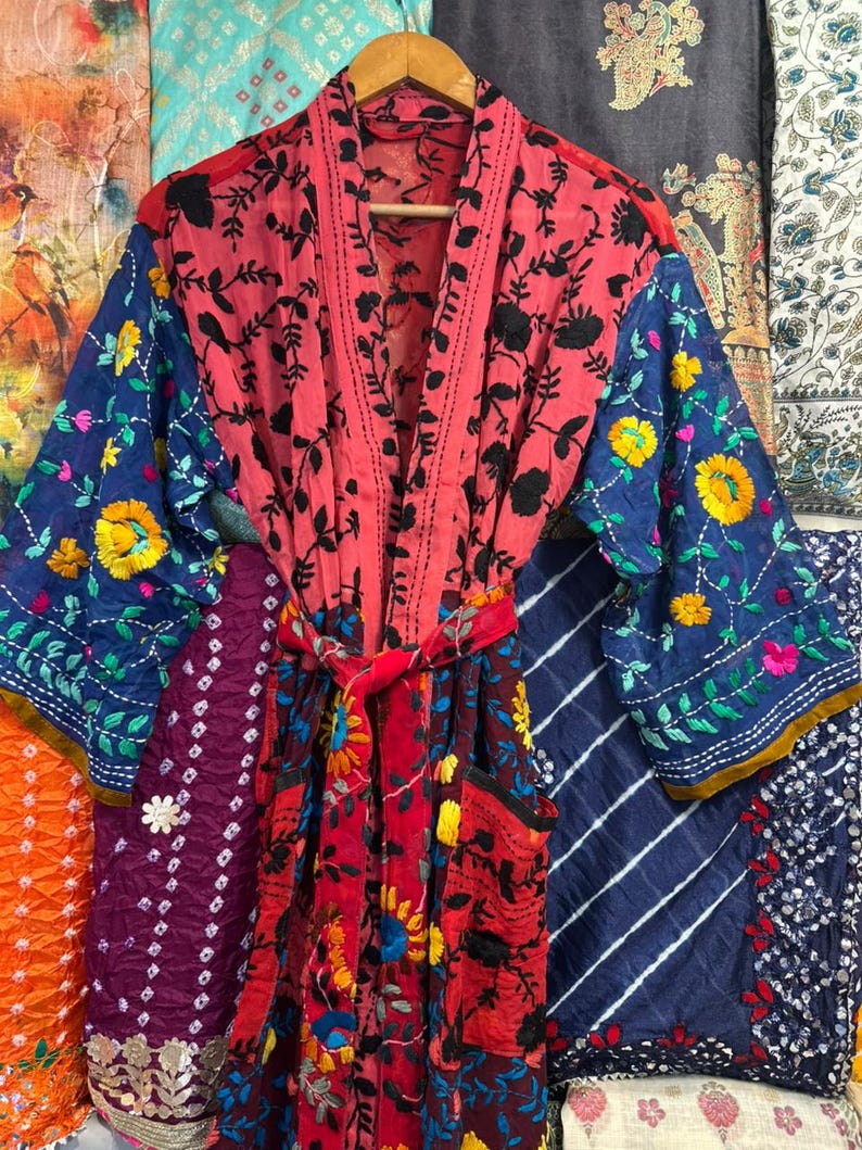 Kihara Robe Hand Embroidered Phulkari Kimono Robe: Bohemian Georgette Beach Cover ...