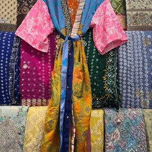 Handmade Recycled Silk Patchwork Kimono Robe: Boho Beach Cover Up image 9