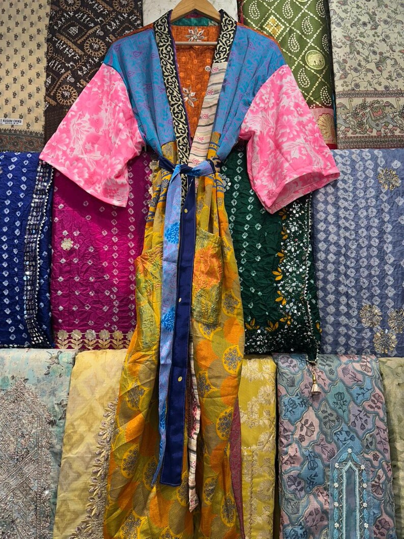 Handmade Recycled Silk Patchwork Kimono Robe: Boho Beach Cover Up image 9