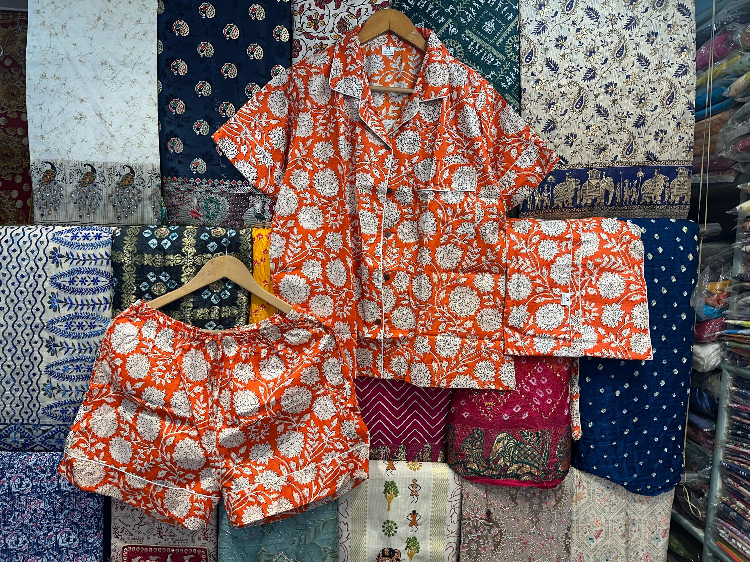 Luxury Hand Block Printed Floral Pyjama Short Set - Soft Cotton Night Suit - Bridal Party Gift - Bridesmaid Sleep PJ Shorts Set with Bag