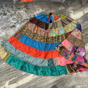 Boho Patchwork Recycled Silk Skirt: Tiered Maxi Skirt, Plus Size image 3