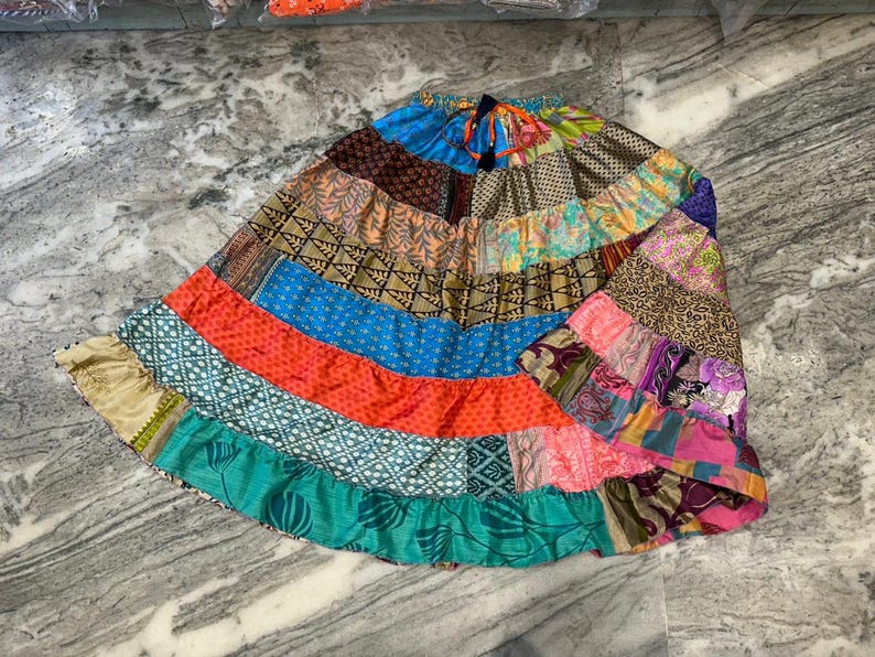Boho Patchwork Recycled Silk Skirt: Tiered Maxi Skirt, Plus Size image 3