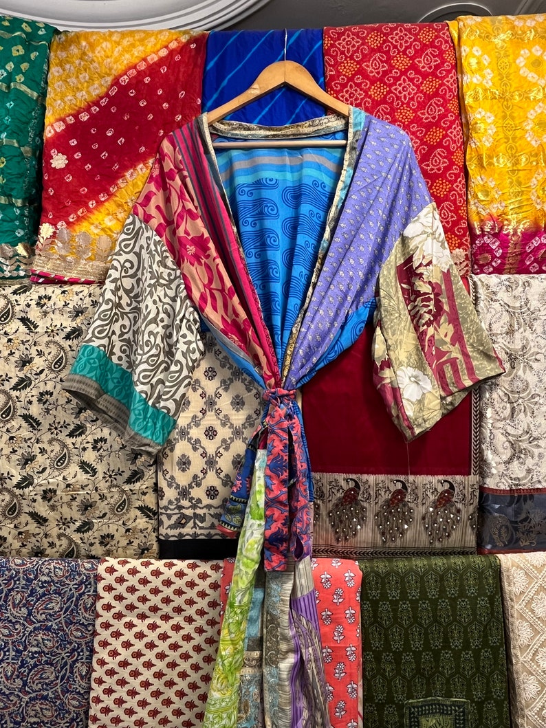 Multi Patchwork Kimono, Women Silk Bathrobe, Recycled Silk Patchwork ...