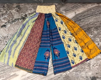 Handgemaakte gerecyclede Sari-zijden Palazzo-broek: gelaagde Bell Bottom yogabroek