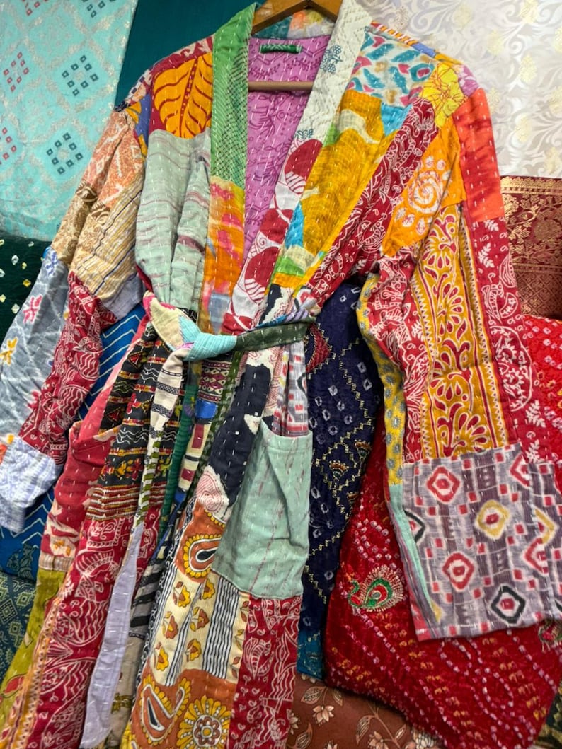 Hand Stitched Kantha Patchwork Robe | Reversible Boho Kimono Jacket image 5