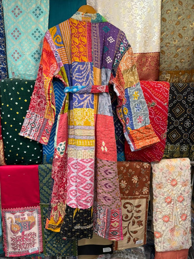 Hand Stitched Kantha Patchwork Robe | Reversible Boho Kimono Jacket image 8