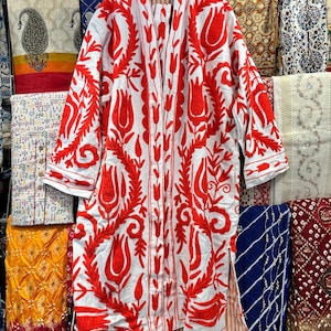 Cotton Suzani Embroidery Kimono Jacket: Floral Boho Overcoat