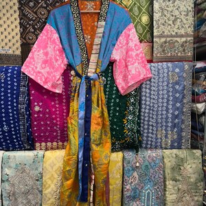 Handmade Recycled Silk Patchwork Kimono Robe: Boho Beach Cover Up image 7
