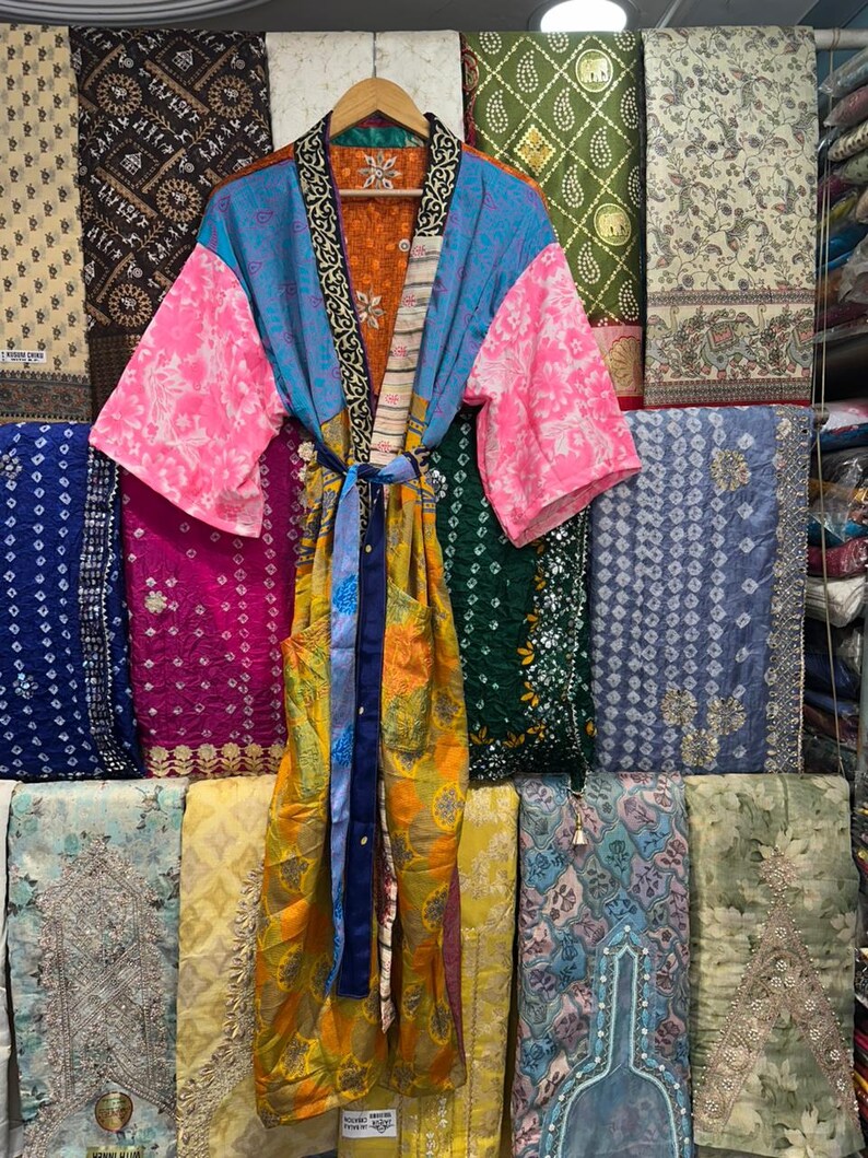 Handmade Recycled Silk Patchwork Kimono Robe: Boho Beach Cover Up image 7