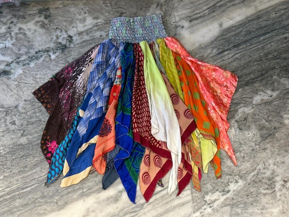 Handmade Silk Sari Patchwork Skirt: Elastic Waist Festival Skirt