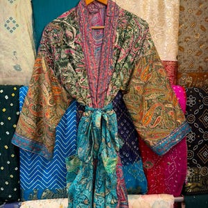 Handmade Silk Patchwork Kimono Robe: Boho Maxi Duster Jacket
