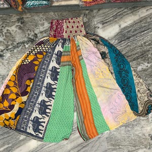 Recycled Sari Silk Palazzo Pants: Bohemian Patchwork Wide Leg Trousers