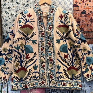 Womens Suzani Jacket: Embroidered Cotton Short Coat, Handmade Robe