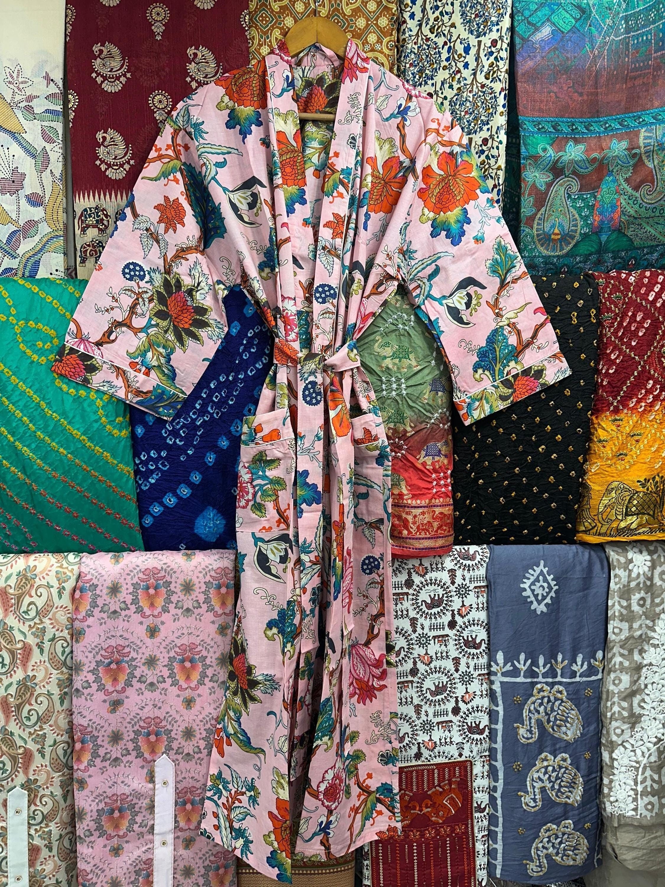 100% Cotton Kimono Robe Dress, Block Print Floral Cardigan Nightwear Dressing Gown, Shower Robe, Summer Beach Cover ups Bridesmaid Gifts