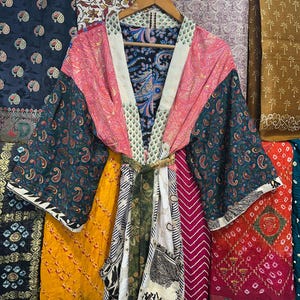 Bohemian Silk Patchwork Short Robe/ Plus Size Dressing Gown Woman/ Honeymoon Lounge Wear/ Luxury Gift for Wife & Mom/ Silk Short Bathrobe
