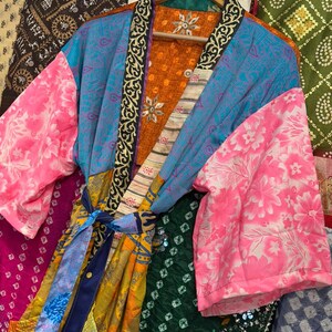 Handmade Recycled Silk Patchwork Kimono Robe: Boho Beach Cover Up image 5