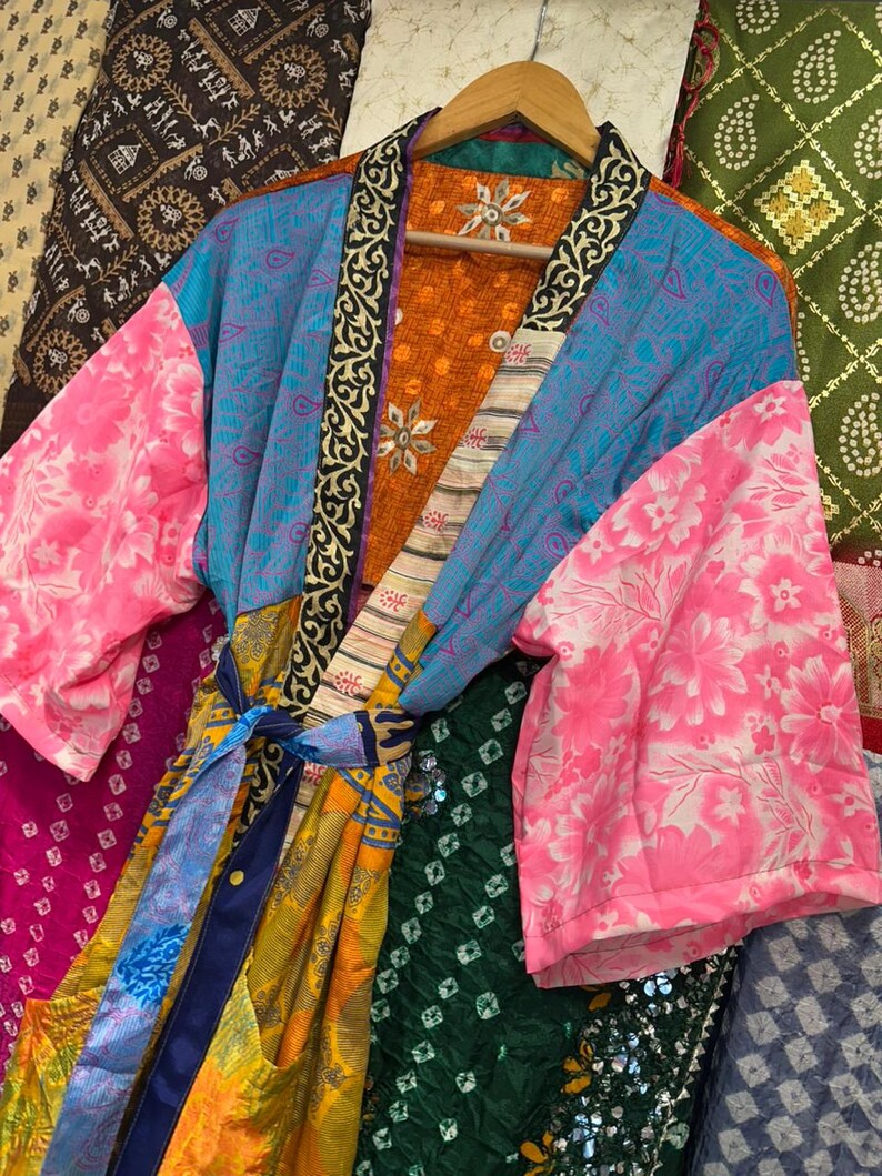 Handmade Recycled Silk Patchwork Kimono Robe: Boho Beach Cover Up image 5