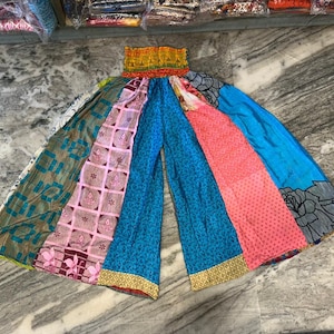 Handgemachte Seide Patchwork Palazzo Hose: Boho Hose mit weitem Bein