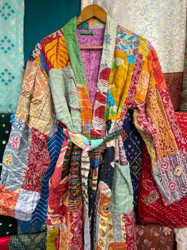 Hand Stitched Kantha Patchwork Robe | Reversible Boho Kimono Jacket image 4