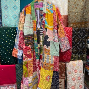 Hand Stitched Kantha Patchwork Robe | Reversible Boho Kimono Jacket image 2