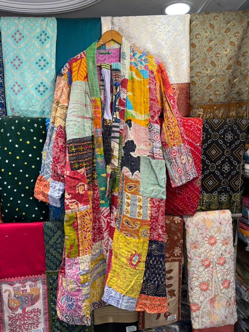 Hand Stitched Kantha Patchwork Robe | Reversible Boho Kimono Jacket image 2