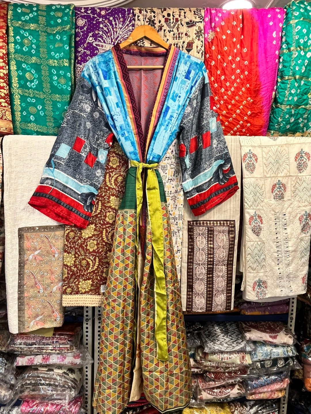 Sari Robe Handmade Patchwork Silk Sari Kimono Robe: Boho Resort Wear - Etsy