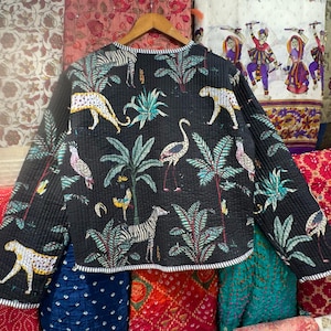 Jungle Print Cotton Kantha Quilted Jacket: Boho Bomber