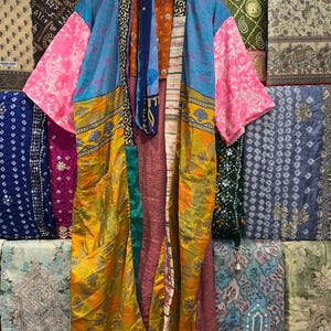 Handmade Recycled Silk Patchwork Kimono Robe: Boho Beach Cover Up image 2
