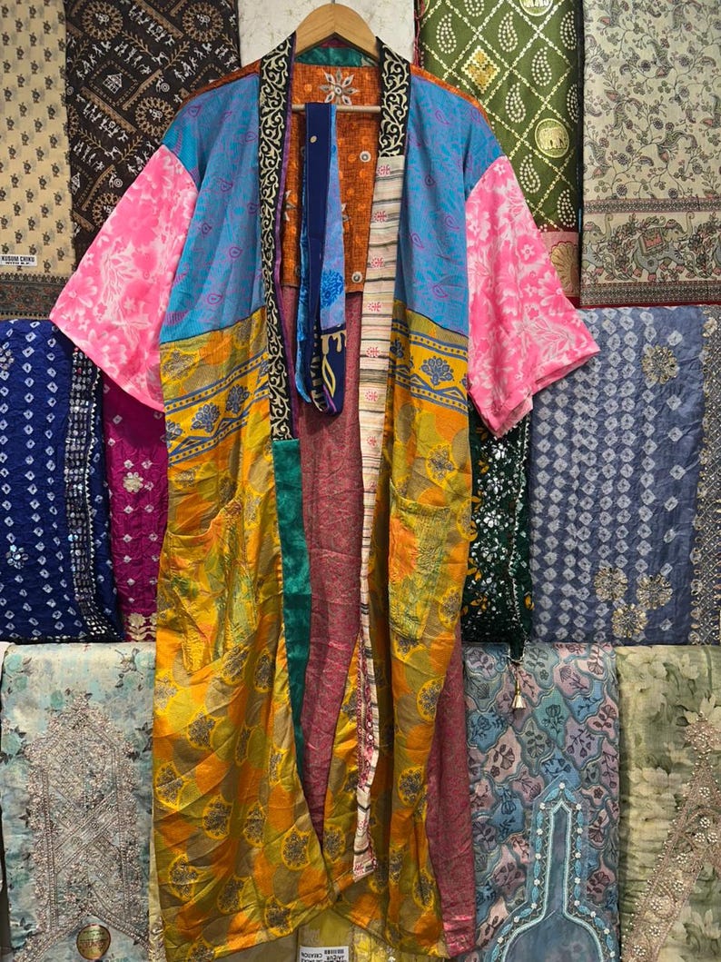 Handmade Recycled Silk Patchwork Kimono Robe: Boho Beach Cover Up image 2