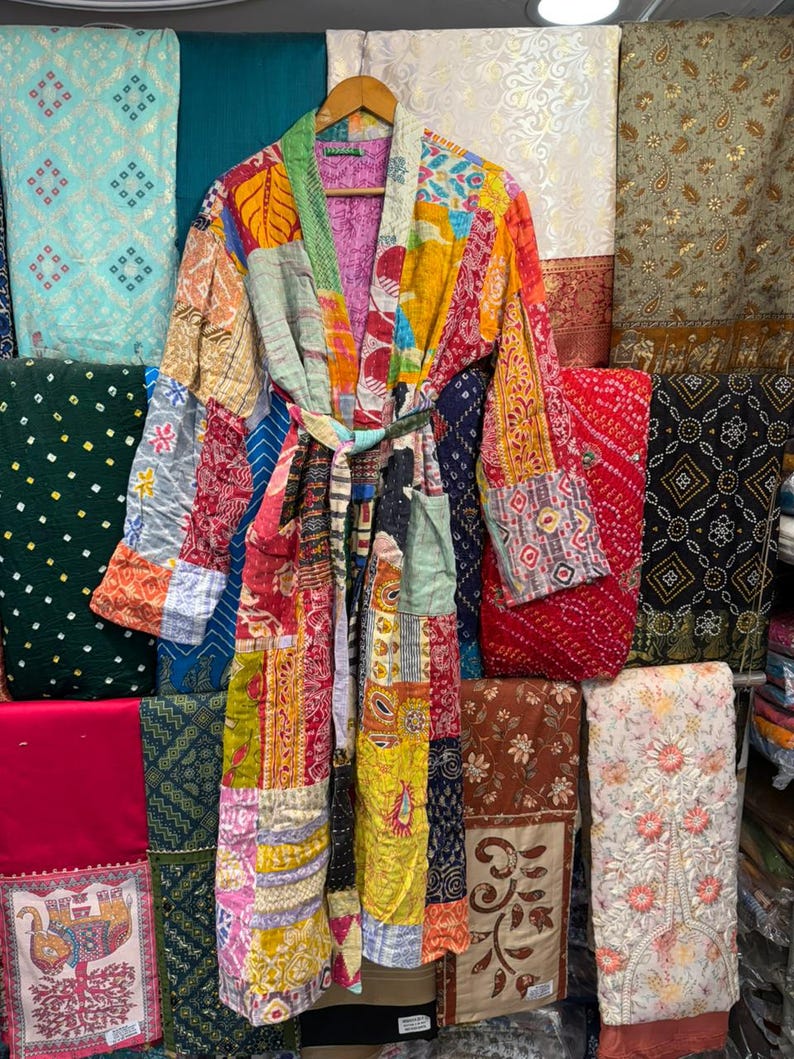Hand Stitched Kantha Patchwork Robe | Reversible Boho Kimono Jacket image 6