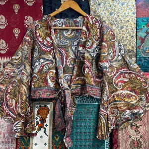 Stunning Vintage Topiary Silk Wrap Blouse