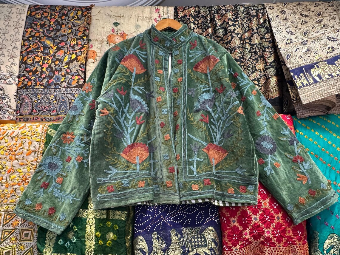 Kimono Abito Lungo In Cotone Kantha Fatto A Mano – India, Stampa Uccelli, Taglia Unica