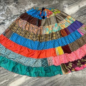 Boho Patchwork Recycled Silk Skirt: Tiered Maxi Skirt, Plus Size image 6