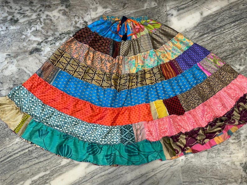 Boho Patchwork Recycled Silk Skirt: Tiered Maxi Skirt, Plus Size image 6