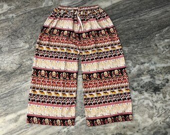 Pantalones palazzo boho de seda hechos a mano, pantalones anchos estampados