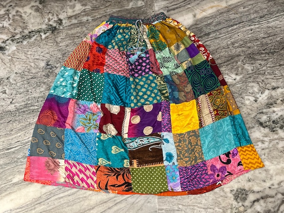 Multi Patchwork Silk Flowy Skirt Summer Bohemian Long Maxi Skirt Patchwork Tiered Skirt Hippie Boho Festival Skirt Recycled Silk Skirt