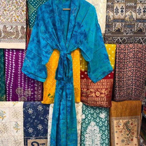 Handmade Floral Crepe Silk Kimono Robe: Boho Sari Gown