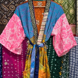 Handmade Recycled Silk Patchwork Kimono Robe: Boho Beach Cover Up image 10