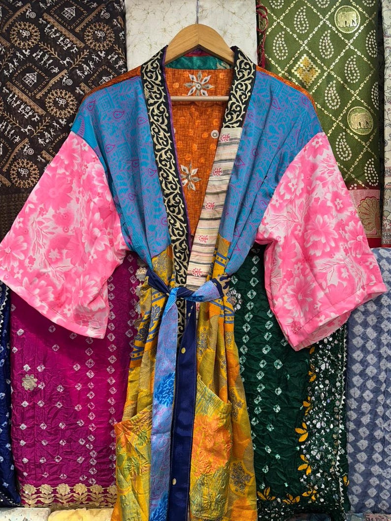 Handmade Recycled Silk Patchwork Kimono Robe: Boho Beach Cover Up image 10