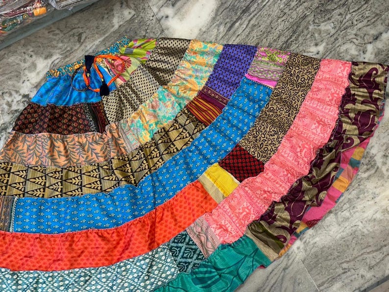 Boho Patchwork Recycled Silk Skirt: Tiered Maxi Skirt, Plus Size image 5