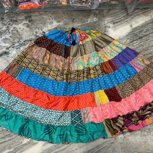 Boho Patchwork Recycled Silk Skirt: Tiered Maxi Skirt, Plus Size image 9