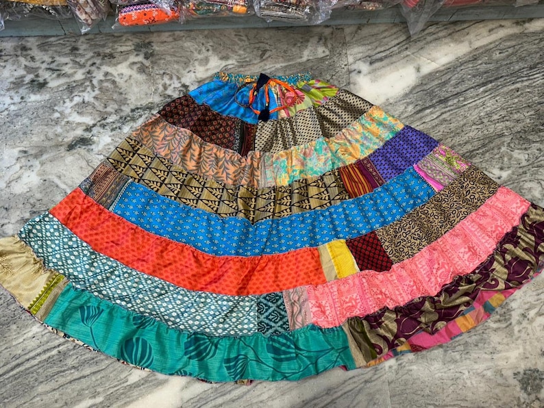Boho Patchwork Recycled Silk Skirt: Tiered Maxi Skirt, Plus Size image 9