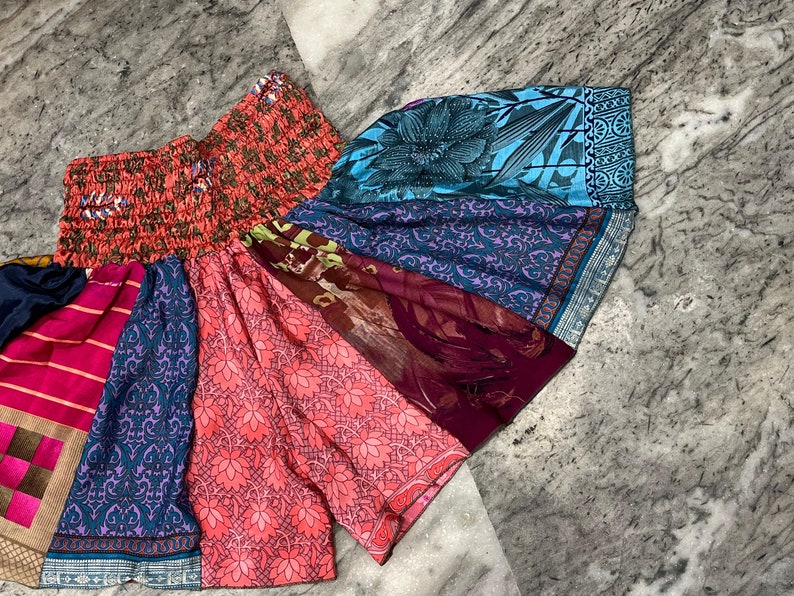 Boho Skirt Short Women's Designer Colorful Beach Wear Shorts, Soft Night Wear Shorts, Patchwork Shorts, Silk Saree Layer Patch Work Short image 7