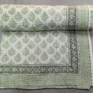 Courtepointe Kantha verte faite main - Couvre-lit indien en coton à imprimé bloc