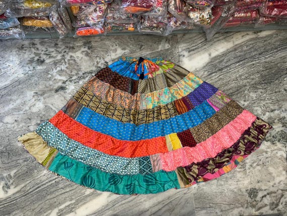 Boho Patchwork Recycled Silk Skirt: Tiered Maxi Skirt, Plus Size